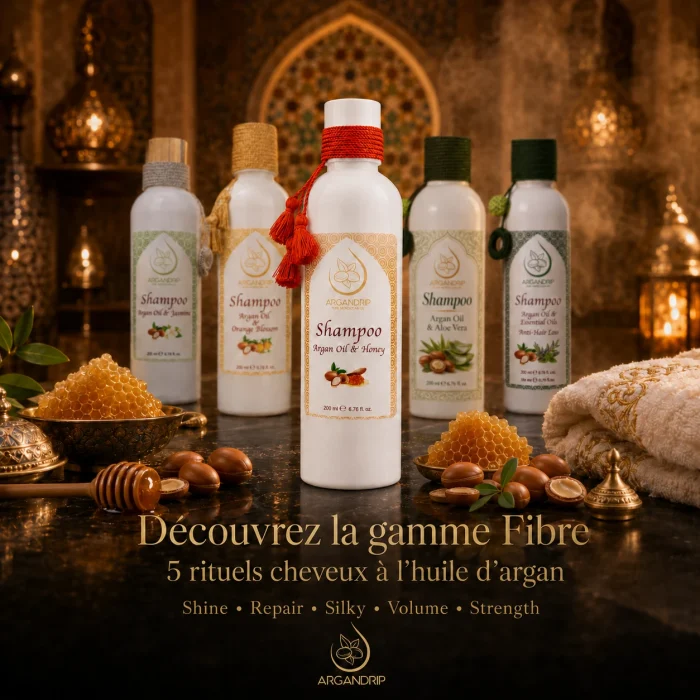 Gamme Fibre ArganDrip avec shampoing à l’huile d’argan et miel au premier plan