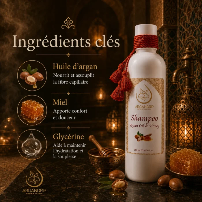Ingrédients clés du shampoing ArganDrip à l’huile d’argan, miel et glycérine