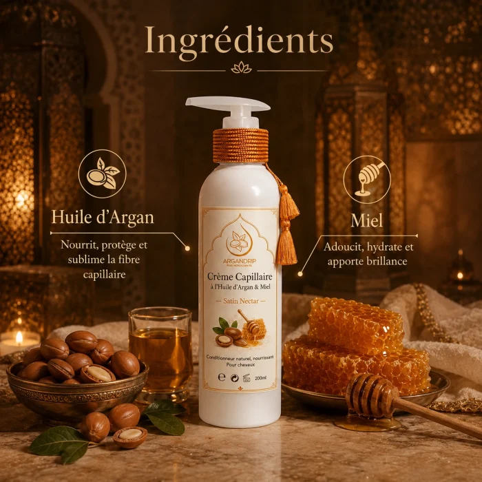 Ingrédients de la crème capillaire Satin Nectar — huile d’argan et miel