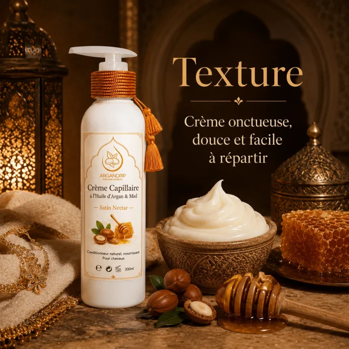 Texture onctueuse de la crème capillaire Satin Nectar à l’argan et au miel