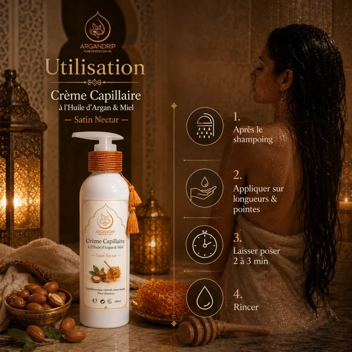 Utilisation de la crème capillaire argan et miel ArganDrip sur les longueurs et pointes