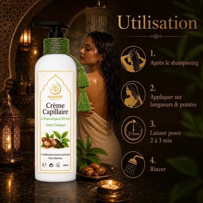 Utilisation de la crème capillaire argan et thé vert ArganDrip après le shampoing