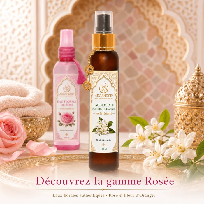 Gamme Rosée ArganDrip avec eau florale de fleur d’oranger au premier plan