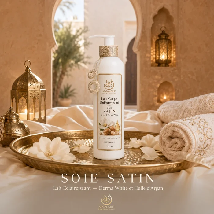 Lait éclaircissant Soie Satin ArganDrip — rituel marocain pour une peau douce lumineuse et uniforme
