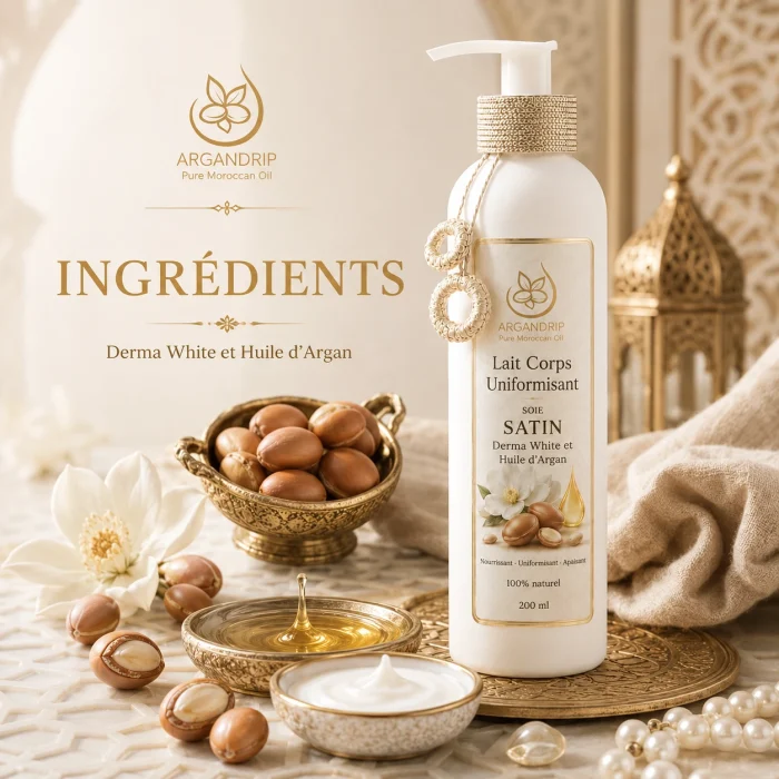 Lait éclaircissant Soie Satin ArganDrip — Derma White et huile d’argan pour une peau plus uniforme