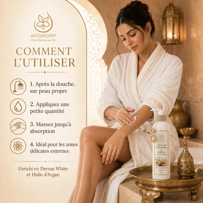 Lait éclaircissant Soie Satin ArganDrip — application sur les zones à unifier après la douche