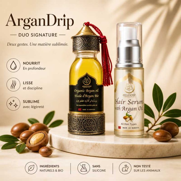 Duo Signature ArganDrip huile d’argan bio et sérum cheveux anti-frisottis